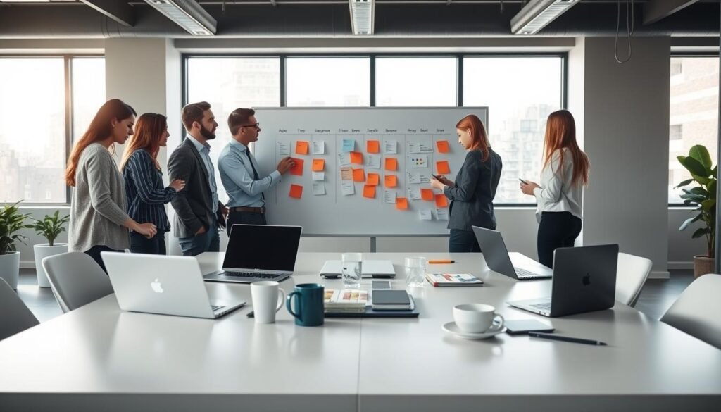 A dynamic office workspace with a team collaborating on an Agile project management board. In the foreground, a group of professionals stand around a large whiteboard, using markers to update Kanban cards and sticky notes. The middle ground features laptops, coffee mugs, and other work tools scattered across a sleek, minimalist desk. The background showcases large windows with natural light pouring in, creating a bright and airy atmosphere. The overall mood is one of focused productivity, with a sense of teamwork and agility driving the project forward. A dynamic office workspace with a team collaborating on an Agile project management board. In the foreground, a group of professionals stand around a large whiteboard, using markers to update Kanban cards and sticky notes. The middle ground features laptops, coffee mugs, and other work tools scattered across a sleek, minimalist desk. The background showcases large windows with natural light pouring in, creating a bright and airy atmosphere. The overall mood is one of focused productivity, with a sense of teamwork and agility driving the project forward.