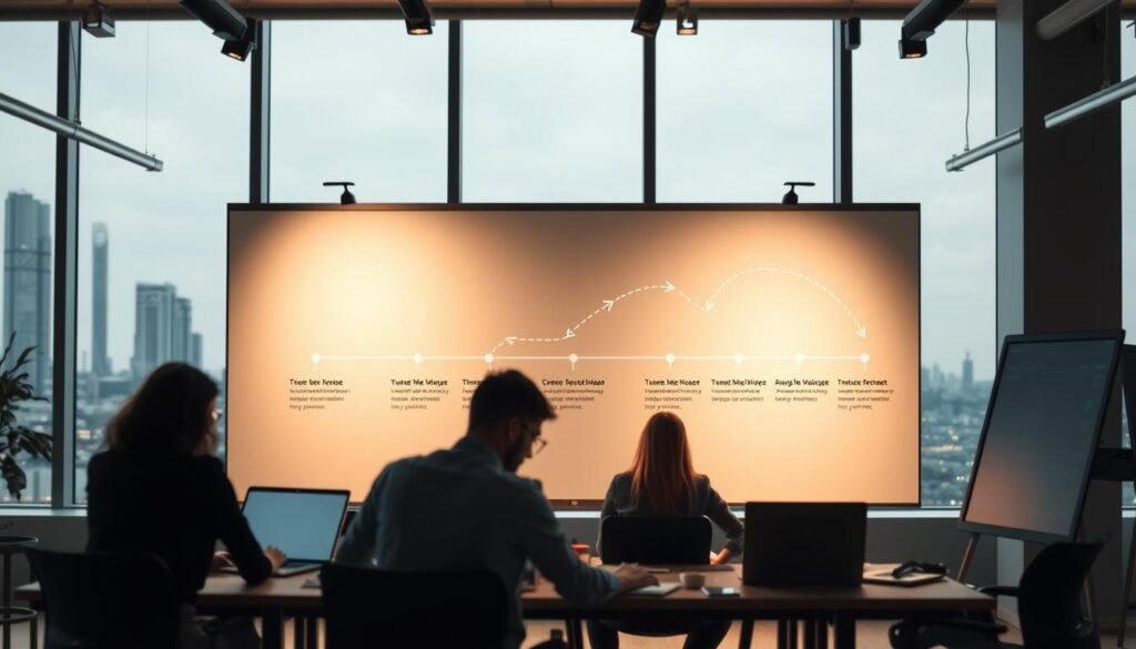 A dynamic software development process unfolds in a modern, minimalist office setting. In the foreground, a team of developers collaborate, their laptops and whiteboards illuminated by warm, directional lighting. In the middle ground, a clean, abstract diagram visualizes the mobile app development lifecycle, with distinct stages connected by flowing arrows. The background features a city skyline visible through large windows, conveying a sense of progress and innovation. The scene exudes a professional, focused atmosphere, reflecting the systematic approach to crafting exceptional mobile experiences. A dynamic software development process unfolds in a modern, minimalist office setting. In the foreground, a team of developers collaborate, their laptops and whiteboards illuminated by warm, directional lighting. In the middle ground, a clean, abstract diagram visualizes the mobile app development lifecycle, with distinct stages connected by flowing arrows. The background features a city skyline visible through large windows, conveying a sense of progress and innovation. The scene exudes a professional, focused atmosphere, reflecting the systematic approach to crafting exceptional mobile experiences.