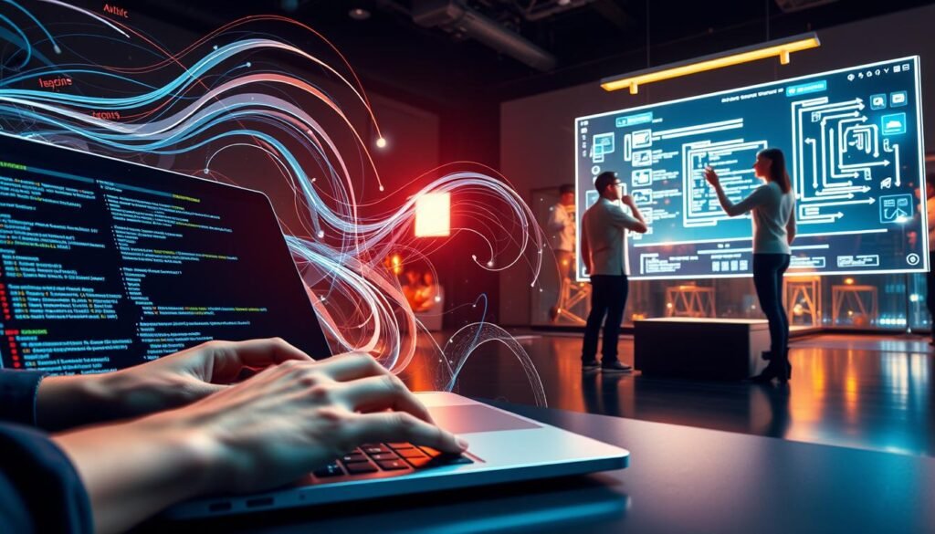 A dynamic software development scene showcasing the contrast between automation and augmentation in coding tasks. In the foreground, a programmer's hands typing furiously on a sleek laptop, surrounded by swirling digital interfaces and lines of code. In the middle ground, automated scripts and AI-powered tools seamlessly executing repetitive tasks, while in the background, a team of developers collaborating on a holographic whiteboard, their movements enhanced by augmented reality. The scene is bathed in a warm, optimistic glow, reflecting the transformative potential of AI in streamlining and empowering the software development process. A dynamic software development scene showcasing the contrast between automation and augmentation in coding tasks. In the foreground, a programmer's hands typing furiously on a sleek laptop, surrounded by swirling digital interfaces and lines of code. In the middle ground, automated scripts and AI-powered tools seamlessly executing repetitive tasks, while in the background, a team of developers collaborating on a holographic whiteboard, their movements enhanced by augmented reality. The scene is bathed in a warm, optimistic glow, reflecting the transformative potential of AI in streamlining and empowering the software development process.