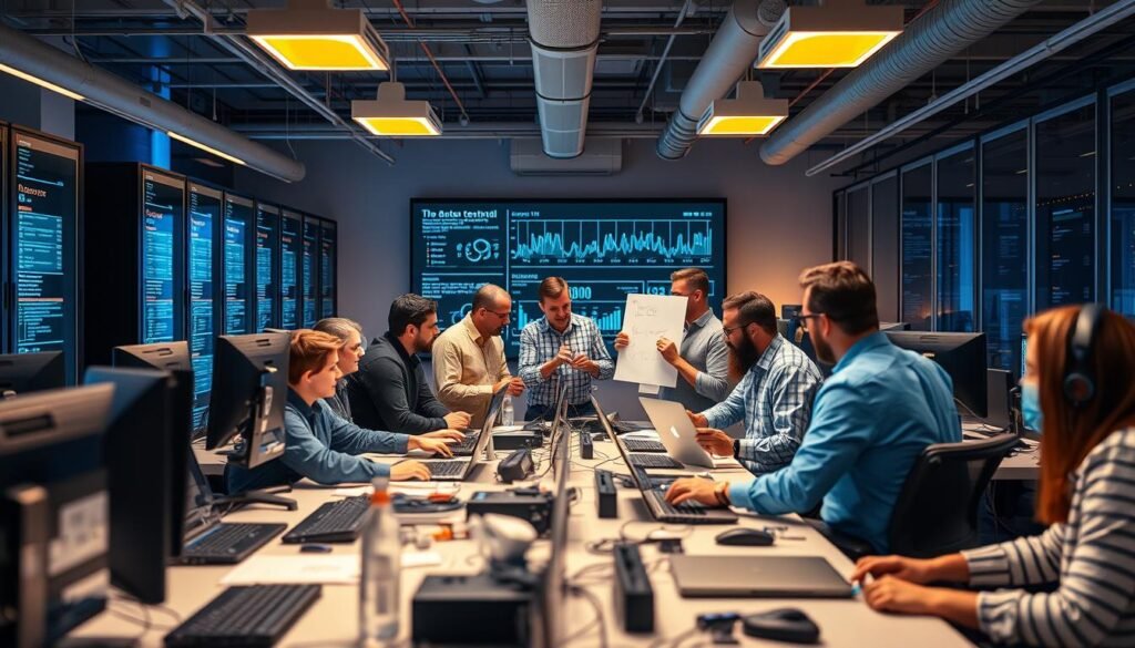 A dynamic software development team collaborates in a vibrant, tech-forward workspace. Sleek workstations, illuminated by warm, overhead lighting, set the stage for focused coding and debugging. In the middle ground, developers engage in animated discussions, surrounded by whiteboards and prototypes, as they innovate solutions to complex business problems. In the background, servers hum, and a wall-sized display showcases real-time metrics, underscoring the pulse of the digital enterprise. An atmosphere of creativity, collaboration, and commitment to driving business growth permeates the scene. A dynamic software development team collaborates in a vibrant, tech-forward workspace. Sleek workstations, illuminated by warm, overhead lighting, set the stage for focused coding and debugging. In the middle ground, developers engage in animated discussions, surrounded by whiteboards and prototypes, as they innovate solutions to complex business problems. In the background, servers hum, and a wall-sized display showcases real-time metrics, underscoring the pulse of the digital enterprise. An atmosphere of creativity, collaboration, and commitment to driving business growth permeates the scene.