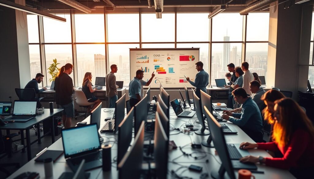 A dynamic startup office bustling with activity. Sleek workstations and cutting-edge tech equipment fill the foreground, surrounded by teams of young professionals collaborating on laptops and tablets. In the middle ground, a vibrant whiteboard displays colorful diagrams and wireframes, visualizing innovative IT solutions. The background features large windows offering a panoramic city skyline, bathed in warm, natural lighting that illuminates the energetic, forward-thinking atmosphere. The scene exudes a sense of productivity, creativity, and the determination to scale a thriving, tech-driven startup. A dynamic startup office bustling with activity. Sleek workstations and cutting-edge tech equipment fill the foreground, surrounded by teams of young professionals collaborating on laptops and tablets. In the middle ground, a vibrant whiteboard displays colorful diagrams and wireframes, visualizing innovative IT solutions. The background features large windows offering a panoramic city skyline, bathed in warm, natural lighting that illuminates the energetic, forward-thinking atmosphere. The scene exudes a sense of productivity, creativity, and the determination to scale a thriving, tech-driven startup.