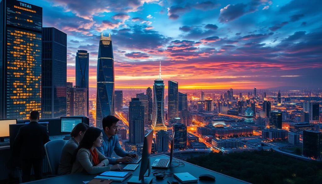 A dynamic, technological landscape with towering skyscrapers, glowing data centers, and sleek, modern software development workstations. In the foreground, a team of software engineers collaborating on a cutting-edge project, their faces illuminated by the glow of computer screens. The middle ground features a panoramic view of a bustling city, showcasing the rapid growth and innovation driving the custom software development industry. In the background, a vibrant, colorful skyline with a warm, golden hour lighting, reflecting the energy and optimism of the thriving North American tech ecosystem. A dynamic, technological landscape with towering skyscrapers, glowing data centers, and sleek, modern software development workstations. In the foreground, a team of software engineers collaborating on a cutting-edge project, their faces illuminated by the glow of computer screens. The middle ground features a panoramic view of a bustling city, showcasing the rapid growth and innovation driving the custom software development industry. In the background, a vibrant, colorful skyline with a warm, golden hour lighting, reflecting the energy and optimism of the thriving North American tech ecosystem.