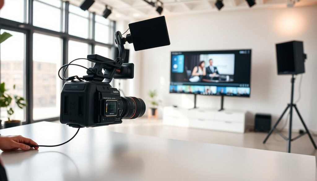A dynamic video content production scene with a modern, minimalist aesthetic. In the foreground, a filmmaker adjusts the settings on a high-end cinema camera, its sleek lines and matte black finish contrasting with the bright white tabletop. In the middle ground, a large flatscreen display showcases a captivating video presentation, the footage crisp and vibrant. The background features a clean, airy studio space with floor-to-ceiling windows, allowing natural light to flood the area and create a sense of openness and professionalism. Subtle accent lighting casts a soft, warm glow, elevating the overall mood and emphasizing the technological sophistication of the scene.