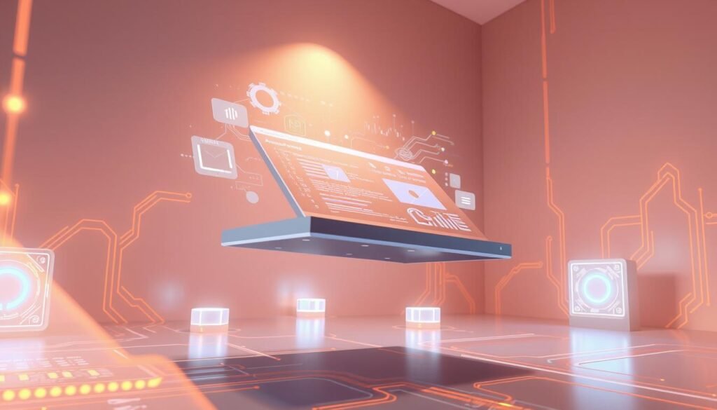 A dynamic web application floating in a sleek, minimalist 3D environment, surrounded by glowing circuit boards, data visualizations, and holographic interface elements. Elegant lines and geometric shapes create a sense of technological sophistication. Warm lighting from above casts a soft glow, while subtle shadows and reflections add depth and realism. The overall composition conveys the power and potential of IT growth solutions to drive business innovation and success. A dynamic web application floating in a sleek, minimalist 3D environment, surrounded by glowing circuit boards, data visualizations, and holographic interface elements. Elegant lines and geometric shapes create a sense of technological sophistication. Warm lighting from above casts a soft glow, while subtle shadows and reflections add depth and realism. The overall composition conveys the power and potential of IT growth solutions to drive business innovation and success.