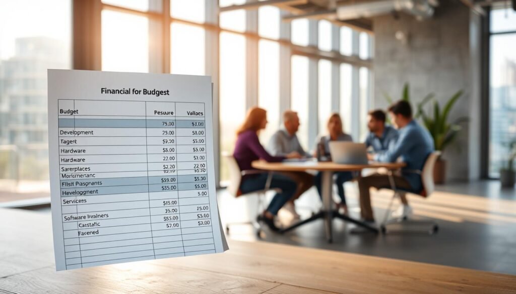 A financial planning spreadsheet floats in the foreground, displaying budget figures for software development, hardware, and services. In the middle ground, a team of software engineers collaborates at a table, discussing project milestones and resource allocation. The background depicts a modern office setting with large windows, allowing natural light to filter in and create a warm, productive atmosphere. The scene conveys the careful planning and teamwork required to successfully budget for an IT development project. A financial planning spreadsheet floats in the foreground, displaying budget figures for software development, hardware, and services. In the middle ground, a team of software engineers collaborates at a table, discussing project milestones and resource allocation. The background depicts a modern office setting with large windows, allowing natural light to filter in and create a warm, productive atmosphere. The scene conveys the careful planning and teamwork required to successfully budget for an IT development project.