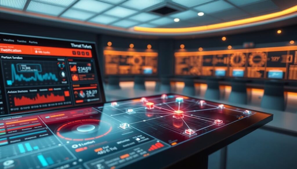 A futuristic AI threat detection interface, displayed on a sleek, high-resolution monitor. In the foreground, a complex dashboard with dynamic data visualizations, real-time threat indicators, and customizable alert systems. The middle ground features a 3D holographic projection of a network topology, with nodes pulsing with activity and potential vulnerabilities highlighted. In the background, a panoramic view of a secure command center, with subtle ambient lighting and a sense of technological sophistication. The overall mood is one of vigilance, precision, and the seamless integration of advanced cybersecurity solutions. A futuristic AI threat detection interface, displayed on a sleek, high-resolution monitor. In the foreground, a complex dashboard with dynamic data visualizations, real-time threat indicators, and customizable alert systems. The middle ground features a 3D holographic projection of a network topology, with nodes pulsing with activity and potential vulnerabilities highlighted. In the background, a panoramic view of a secure command center, with subtle ambient lighting and a sense of technological sophistication. The overall mood is one of vigilance, precision, and the seamless integration of advanced cybersecurity solutions.