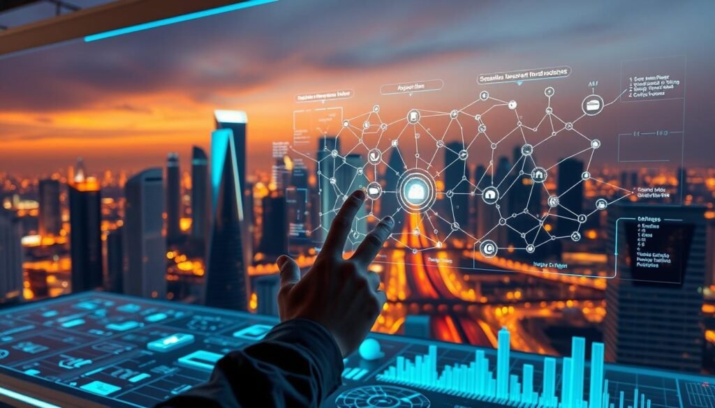 A futuristic and immersive user interface showcasing the seamless integration of machine learning. In the foreground, a human user interacts with a holographic display, their gestures intuitively controlling a data visualization dashboard. The middle ground features abstract machine learning algorithms, represented by interconnected nodes and flowing lines of code. In the background, a cityscape of gleaming skyscrapers and advanced infrastructure sets the scene, conveying a sense of technological progression. Warm, ambient lighting creates a sense of depth and emphasizes the futuristic atmosphere. Captured with a wide-angle lens to provide a panoramic view, the scene evokes a vision of user experience enhanced by the power of machine intelligence. A futuristic and immersive user interface showcasing the seamless integration of machine learning. In the foreground, a human user interacts with a holographic display, their gestures intuitively controlling a data visualization dashboard. The middle ground features abstract machine learning algorithms, represented by interconnected nodes and flowing lines of code. In the background, a cityscape of gleaming skyscrapers and advanced infrastructure sets the scene, conveying a sense of technological progression. Warm, ambient lighting creates a sense of depth and emphasizes the futuristic atmosphere. Captured with a wide-angle lens to provide a panoramic view, the scene evokes a vision of user experience enhanced by the power of machine intelligence.