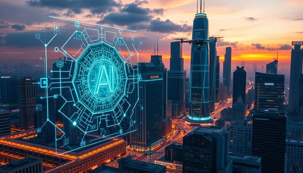 A futuristic cityscape at dusk, with towering skyscrapers and gleaming technological infrastructure. In the foreground, a holographic display showcases a complex AI system, its intricate algorithms and data visualizations casting an ethereal glow. Floating drone-like devices dart between buildings, their sensors and cameras capturing the ever-evolving technological landscape. The sky is ablaze with hues of orange and purple, creating a sense of progress and innovation. The scene conveys the seamless integration of artificial intelligence into the fabric of modern information technology, shaping the future of the digital world. A futuristic cityscape at dusk, with towering skyscrapers and gleaming technological infrastructure. In the foreground, a holographic display showcases a complex AI system, its intricate algorithms and data visualizations casting an ethereal glow. Floating drone-like devices dart between buildings, their sensors and cameras capturing the ever-evolving technological landscape. The sky is ablaze with hues of orange and purple, creating a sense of progress and innovation. The scene conveys the seamless integration of artificial intelligence into the fabric of modern information technology, shaping the future of the digital world.