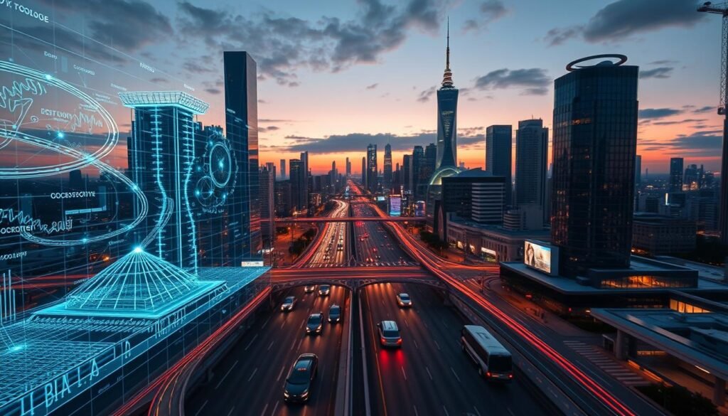 A futuristic cityscape at twilight, with gleaming skyscrapers and AI-powered infrastructure. In the foreground, a holographic display showcases intricate AI-generated architectural designs and software models, their complex algorithms visualized in a symphony of light and data streams. In the middle ground, autonomous vehicles navigate the streets, communicating seamlessly with smart traffic systems. The background is a panoramic vista of the city skyline, its buildings adorned with the latest energy-efficient and AI-integrated technologies, creating an awe-inspiring, technologically advanced urban landscape. A futuristic cityscape at twilight, with gleaming skyscrapers and AI-powered infrastructure. In the foreground, a holographic display showcases intricate AI-generated architectural designs and software models, their complex algorithms visualized in a symphony of light and data streams. In the middle ground, autonomous vehicles navigate the streets, communicating seamlessly with smart traffic systems. The background is a panoramic vista of the city skyline, its buildings adorned with the latest energy-efficient and AI-integrated technologies, creating an awe-inspiring, technologically advanced urban landscape.