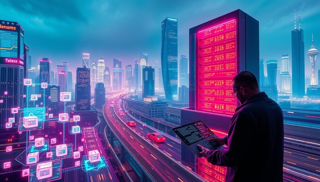 A futuristic cityscape illuminated by holographic displays and glowing neon hues. In the foreground, an android developer meticulously crafts a new web application, surrounded by a swarm of floating data cubes and lines of code. The mid-ground features a towering AI-powered server rack, its intricate circuitry pulsing with energy. In the background, sleek autonomous vehicles glide along elevated highways, while shimmering skyscrapers rise into a hazy, teal-tinged sky. The scene conveys the seamless integration of artificial intelligence, web development, and urban innovation, shaping the future of business growth. A futuristic cityscape illuminated by holographic displays and glowing neon hues. In the foreground, an android developer meticulously crafts a new web application, surrounded by a swarm of floating data cubes and lines of code. The mid-ground features a towering AI-powered server rack, its intricate circuitry pulsing with energy. In the background, sleek autonomous vehicles glide along elevated highways, while shimmering skyscrapers rise into a hazy, teal-tinged sky. The scene conveys the seamless integration of artificial intelligence, web development, and urban innovation, shaping the future of business growth.