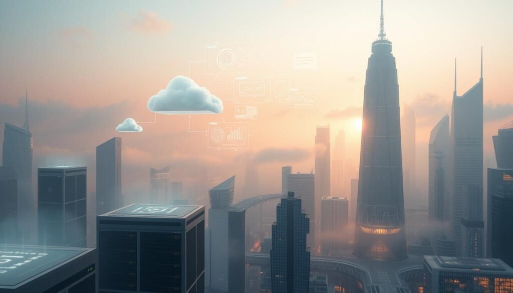 A futuristic cityscape shrouded in a hazy, ethereal glow. In the foreground, sleek, modular cloud servers and data centers hover effortlessly, bathed in a soft, ambient light. In the middle ground, holographic interfaces and touchscreen displays float in the air, showcasing intricate diagrams and real-time data visualizations. In the background, a towering skyline of towering, angular skyscrapers adorned with glowing panels and interconnected walkways, all wrapped in a seamless digital mesh. The scene conveys a sense of technological advancement, innovation, and the seamless integration of cloud-based IT infrastructure into the fabric of the modern urban landscape. A futuristic cityscape shrouded in a hazy, ethereal glow. In the foreground, sleek, modular cloud servers and data centers hover effortlessly, bathed in a soft, ambient light. In the middle ground, holographic interfaces and touchscreen displays float in the air, showcasing intricate diagrams and real-time data visualizations. In the background, a towering skyline of towering, angular skyscrapers adorned with glowing panels and interconnected walkways, all wrapped in a seamless digital mesh. The scene conveys a sense of technological advancement, innovation, and the seamless integration of cloud-based IT infrastructure into the fabric of the modern urban landscape.