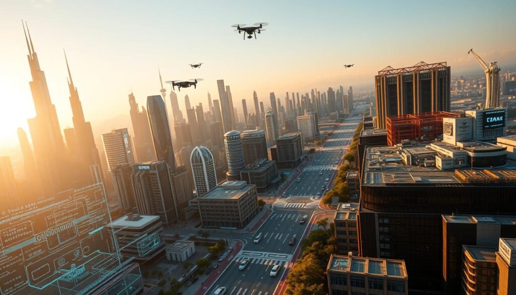 A futuristic cityscape with towering skyscrapers and gleaming spires, bathed in a warm, golden light. In the foreground, a sprawling software development hub, bustling with activity. Holographic displays, floating interfaces, and intricate lines of code projected into the air, creating an immersive, tech-forward atmosphere. In the middle ground, autonomous vehicles and delivery drones weave through the streets, while in the background, advanced data centers and server farms hum with the rhythmic pulse of modern technology. The scene conveys a sense of progress, innovation, and the boundless potential of software development in the years to come. A futuristic cityscape with towering skyscrapers and gleaming spires, bathed in a warm, golden light. In the foreground, a sprawling software development hub, bustling with activity. Holographic displays, floating interfaces, and intricate lines of code projected into the air, creating an immersive, tech-forward atmosphere. In the middle ground, autonomous vehicles and delivery drones weave through the streets, while in the background, advanced data centers and server farms hum with the rhythmic pulse of modern technology. The scene conveys a sense of progress, innovation, and the boundless potential of software development in the years to come.