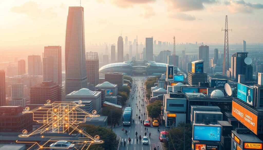 A futuristic cityscape with towering skyscrapers and interconnected grids of data, illuminated by a warm, diffused glow. In the foreground, an array of diverse IoT devices - smart home sensors, autonomous vehicles, and industrial robotics - seamlessly communicating with each other and the cloud. The middle ground features a bustling street scene, with pedestrians and commuters interacting with urban IoT infrastructure like smart streetlights and digital signage. In the background, a panoramic view of the city skyline, dotted with satellite dishes and transmission towers, symbolizing the ubiquitous connectivity of the Internet of Things. The overall mood is one of technological innovation, efficiency, and progress, capturing the transformative impact of IoT on modern urban environments. A futuristic cityscape with towering skyscrapers and interconnected grids of data, illuminated by a warm, diffused glow. In the foreground, an array of diverse IoT devices - smart home sensors, autonomous vehicles, and industrial robotics - seamlessly communicating with each other and the cloud. The middle ground features a bustling street scene, with pedestrians and commuters interacting with urban IoT infrastructure like smart streetlights and digital signage. In the background, a panoramic view of the city skyline, dotted with satellite dishes and transmission towers, symbolizing the ubiquitous connectivity of the Internet of Things. The overall mood is one of technological innovation, efficiency, and progress, capturing the transformative impact of IoT on modern urban environments.