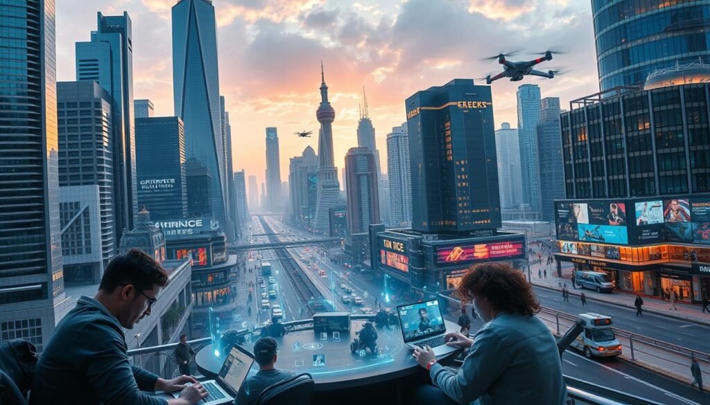 A futuristic cityscape with towering skyscrapers and sleek, modern buildings in shades of steel, glass, and chrome. In the foreground, a group of diverse developers huddle around their laptops, coding furiously as holographic displays and floating interfaces surround them. Glimpses of cutting-edge mobile apps and augmented reality experiences can be seen on their screens. The middle ground features autonomous vehicles, delivery drones, and a bustling urban landscape filled with pedestrians and commuters, all connected by a network of smart infrastructure. The background is bathed in a warm, vibrant glow, suggesting an atmosphere of technological innovation and progress. The scene is captured with a wide-angle lens, highlighting the scale and scope of the 2025 app development landscape. A futuristic cityscape with towering skyscrapers and sleek, modern buildings in shades of steel, glass, and chrome. In the foreground, a group of diverse developers huddle around their laptops, coding furiously as holographic displays and floating interfaces surround them. Glimpses of cutting-edge mobile apps and augmented reality experiences can be seen on their screens. The middle ground features autonomous vehicles, delivery drones, and a bustling urban landscape filled with pedestrians and commuters, all connected by a network of smart infrastructure. The background is bathed in a warm, vibrant glow, suggesting an atmosphere of technological innovation and progress. The scene is captured with a wide-angle lens, highlighting the scale and scope of the 2025 app development landscape.