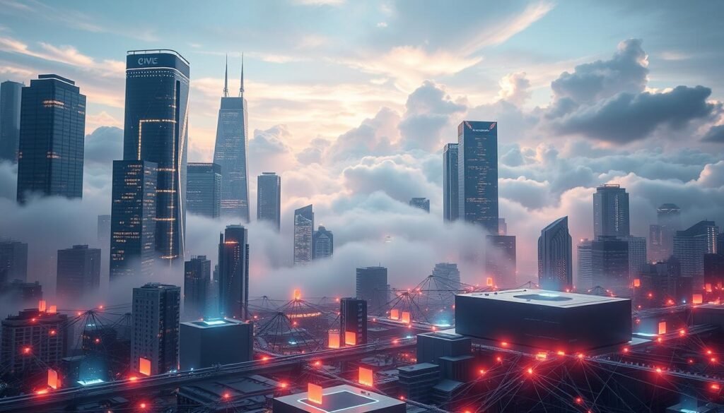 A futuristic cityscape with towering skyscrapers enveloped in glowing clouds, their facades reflecting the seamless integration of cloud computing and AI-powered systems. In the foreground, a network of sleek, interconnected devices and sensors highlights the IoT revolution, their data streams visualized in a dazzling array of holographic displays. The scene is bathed in a soft, diffused light, creating an atmosphere of technological wonder and progress, hinting at the transformative potential of this convergence of cloud, AI, and IoT. A futuristic cityscape with towering skyscrapers enveloped in glowing clouds, their facades reflecting the seamless integration of cloud computing and AI-powered systems. In the foreground, a network of sleek, interconnected devices and sensors highlights the IoT revolution, their data streams visualized in a dazzling array of holographic displays. The scene is bathed in a soft, diffused light, creating an atmosphere of technological wonder and progress, hinting at the transformative potential of this convergence of cloud, AI, and IoT.