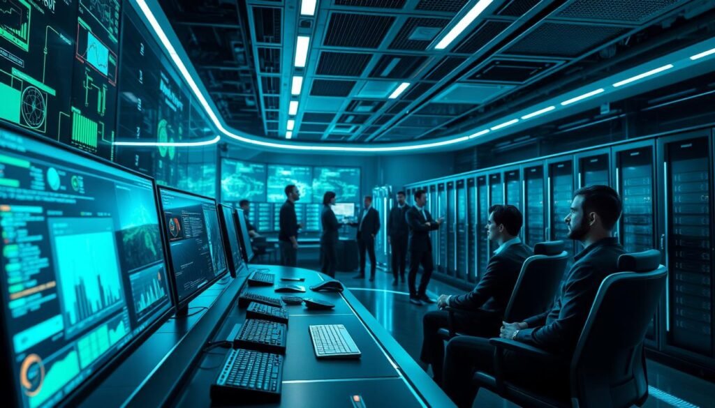 A futuristic cybersecurity control room bathed in a cool, blue-green glow. In the foreground, a sleek, high-tech workstation with multiple screens displaying real-time threat data and AI-generated visualizations. In the middle ground, a team of cybersecurity experts collaborating, their expressions intense as they monitor and respond to emerging threats. In the background, a vast array of servers and networking equipment, pulsing with digital activity. The scene conveys a sense of cutting-edge technology, advanced analytics, and the pivotal role of AI in safeguarding critical infrastructure and data against cyber attacks. A futuristic cybersecurity control room bathed in a cool, blue-green glow. In the foreground, a sleek, high-tech workstation with multiple screens displaying real-time threat data and AI-generated visualizations. In the middle ground, a team of cybersecurity experts collaborating, their expressions intense as they monitor and respond to emerging threats. In the background, a vast array of servers and networking equipment, pulsing with digital activity. The scene conveys a sense of cutting-edge technology, advanced analytics, and the pivotal role of AI in safeguarding critical infrastructure and data against cyber attacks.