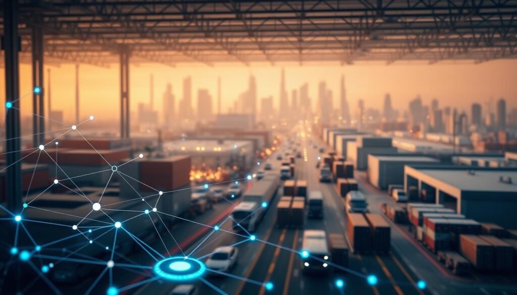 A futuristic, data-driven supply chain management system. In the foreground, a network of interconnected nodes and data flows, visualized as a sleek, holographic dashboard. In the middle ground, robotic arms and autonomous vehicles efficiently moving goods, their movements guided by real-time analytics. In the background, a cityscape of modern, eco-friendly warehouses and distribution centers, their operations seamlessly integrated through blockchain technology. Warm, indirect lighting creates a sense of innovation and progress, while the overall composition conveys the harmony and optimization of a well-oiled, data-driven supply chain. A futuristic, data-driven supply chain management system. In the foreground, a network of interconnected nodes and data flows, visualized as a sleek, holographic dashboard. In the middle ground, robotic arms and autonomous vehicles efficiently moving goods, their movements guided by real-time analytics. In the background, a cityscape of modern, eco-friendly warehouses and distribution centers, their operations seamlessly integrated through blockchain technology. Warm, indirect lighting creates a sense of innovation and progress, while the overall composition conveys the harmony and optimization of a well-oiled, data-driven supply chain.