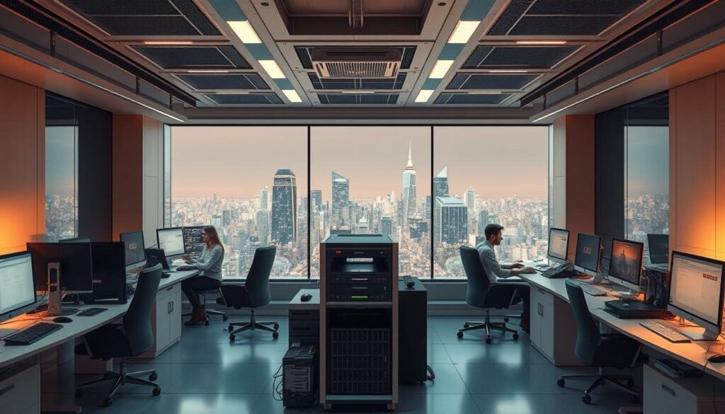 A futuristic office space with sleek, minimalist workstations and high-tech equipment. The scene is bathed in warm, soft lighting, creating a cozy and productive atmosphere. In the foreground, a team of IT professionals collaborates on a budget-friendly cloud computing setup, utilizing cost-effective hardware and open-source software solutions. In the middle ground, a 3D-printed server rack stands proudly, symbolizing the power of modern, accessible technology. The background features a panoramic view of a bustling city skyline, hinting at the global reach and scalability of these innovative IT solutions. A futuristic office space with sleek, minimalist workstations and high-tech equipment. The scene is bathed in warm, soft lighting, creating a cozy and productive atmosphere. In the foreground, a team of IT professionals collaborates on a budget-friendly cloud computing setup, utilizing cost-effective hardware and open-source software solutions. In the middle ground, a 3D-printed server rack stands proudly, symbolizing the power of modern, accessible technology. The background features a panoramic view of a bustling city skyline, hinting at the global reach and scalability of these innovative IT solutions.