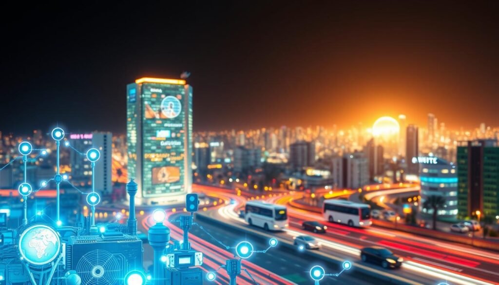 A futuristic scene depicting the rise of IoT applications. In the foreground, various smart devices and sensors are seamlessly integrated, showcasing their interconnectivity and data-driven capabilities. The middle ground features a cityscape with intelligent buildings, autonomous vehicles, and advanced infrastructure, all working in harmony to optimize urban living. In the background, a glowing technological horizon suggests the boundless potential of the Internet of Things, illuminating the path towards a more efficient, sustainable, and connected future. The scene is bathed in a warm, vibrant light, creating a sense of optimism and progress. A futuristic scene depicting the rise of IoT applications. In the foreground, various smart devices and sensors are seamlessly integrated, showcasing their interconnectivity and data-driven capabilities. The middle ground features a cityscape with intelligent buildings, autonomous vehicles, and advanced infrastructure, all working in harmony to optimize urban living. In the background, a glowing technological horizon suggests the boundless potential of the Internet of Things, illuminating the path towards a more efficient, sustainable, and connected future. The scene is bathed in a warm, vibrant light, creating a sense of optimism and progress.