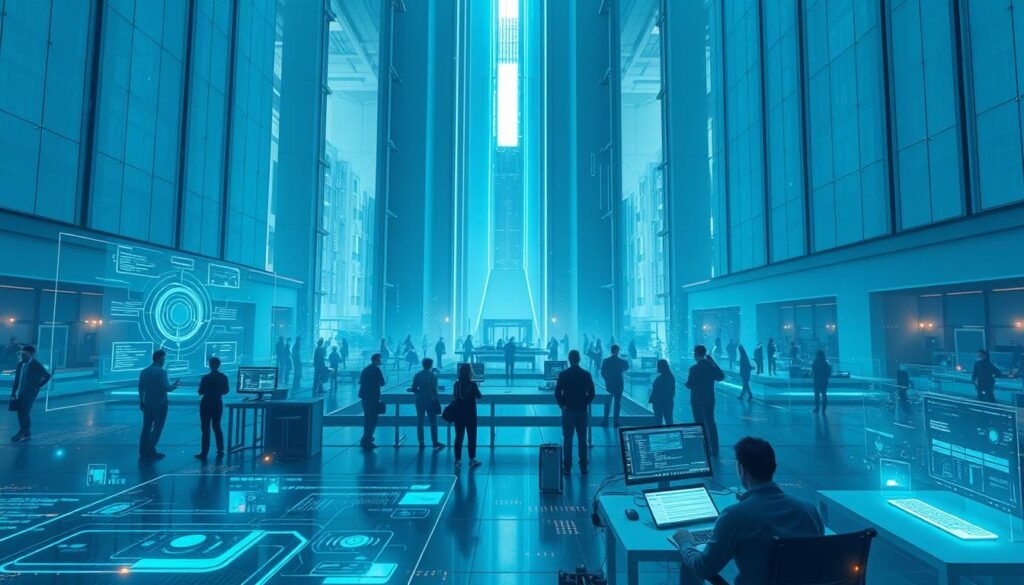 A futuristic software development landscape, with a serene, high-tech atmosphere. In the foreground, sleek, holographic interfaces and displays showcase innovative technology solutions. In the middle ground, teams of developers collaborate, their screens projecting intricate code and visualizations. The background is filled with towering, minimalist architecture, bathed in cool, blue-tinged lighting that creates a sense of depth and scale. Subtle particle effects and glowing accents add a touch of dynamism, reflecting the ever-evolving nature of emerging software technologies. A futuristic software development landscape, with a serene, high-tech atmosphere. In the foreground, sleek, holographic interfaces and displays showcase innovative technology solutions. In the middle ground, teams of developers collaborate, their screens projecting intricate code and visualizations. The background is filled with towering, minimalist architecture, bathed in cool, blue-tinged lighting that creates a sense of depth and scale. Subtle particle effects and glowing accents add a touch of dynamism, reflecting the ever-evolving nature of emerging software technologies.