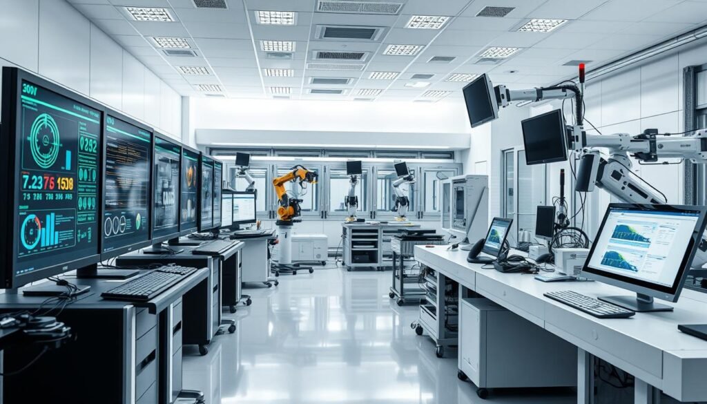 A futuristic, well-lit laboratory setting with various automated testing tools arranged in a visually appealing, organized manner. In the foreground, a row of sleek, high-tech computers and diagnostic equipment, their screens displaying intricate data visualizations and test results. In the middle ground, an array of robotic arms and specialized testing rigs, working tirelessly to validate software functionalities. The background features a panoramic view of the lab, with state-of-the-art instrumentation, integrated monitoring systems, and a clean, minimalist aesthetic that conveys a sense of efficiency and precision. The overall mood is one of advanced, cutting-edge technology dedicated to ensuring the quality of custom IT development projects. A futuristic, well-lit laboratory setting with various automated testing tools arranged in a visually appealing, organized manner. In the foreground, a row of sleek, high-tech computers and diagnostic equipment, their screens displaying intricate data visualizations and test results. In the middle ground, an array of robotic arms and specialized testing rigs, working tirelessly to validate software functionalities. The background features a panoramic view of the lab, with state-of-the-art instrumentation, integrated monitoring systems, and a clean, minimalist aesthetic that conveys a sense of efficiency and precision. The overall mood is one of advanced, cutting-edge technology dedicated to ensuring the quality of custom IT development projects.