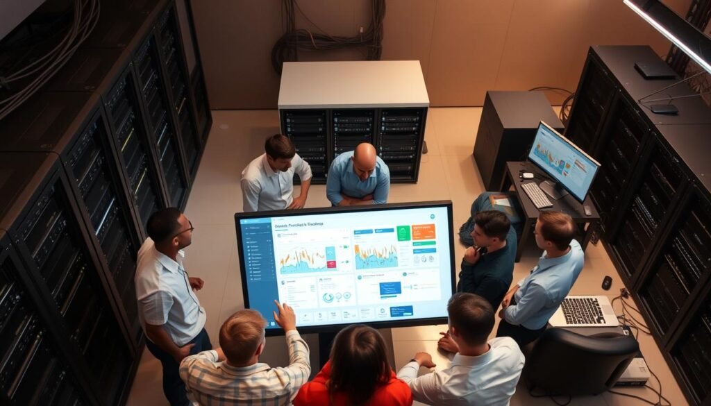 A high-angle view of a modern IT project deployment, showcasing a team of developers and engineers collaborating seamlessly. The foreground features a group of professionals gathered around a large touchscreen display, animatedly discussing project plans and deployment strategies. The middle ground depicts server racks, networking equipment, and a sleek, minimalist workstation. The background is bathed in a warm, subtle lighting, creating an atmosphere of focus and productivity. The scene conveys a sense of technological prowess, efficient collaboration, and the successful culmination of an IT project's development phase. A high-angle view of a modern IT project deployment, showcasing a team of developers and engineers collaborating seamlessly. The foreground features a group of professionals gathered around a large touchscreen display, animatedly discussing project plans and deployment strategies. The middle ground depicts server racks, networking equipment, and a sleek, minimalist workstation. The background is bathed in a warm, subtle lighting, creating an atmosphere of focus and productivity. The scene conveys a sense of technological prowess, efficient collaboration, and the successful culmination of an IT project's development phase.