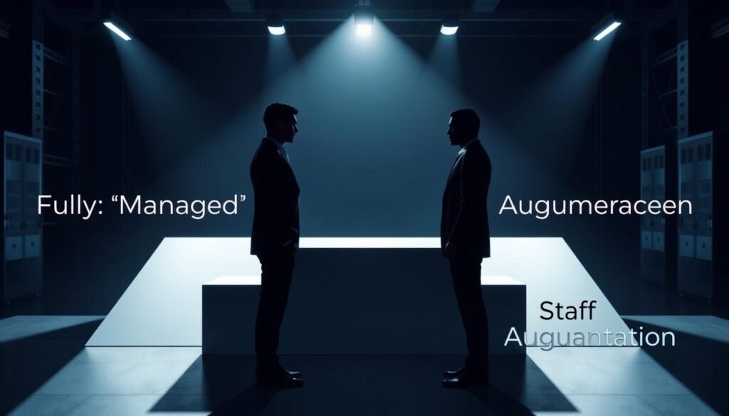 A high-contrast, cinematic illustration of a "Service Model Comparison" presented as a side-by-side visual. In the foreground, two figures stand facing each other, one representing "Fully Managed" and the other "Staff Augmentation", their distinct silhouettes and body language conveying the essence of each service model. The middle ground features a sleek, minimalist table or podium, acting as a stage for the comparison. The background is a dimly lit, industrial-inspired setting with bold, dramatic lighting, creating an authoritative and professional atmosphere. The overall composition emphasizes the contrast and comparison between the two service models, inviting the viewer to explore the nuances and implications of each approach. A high-contrast, cinematic illustration of a "Service Model Comparison" presented as a side-by-side visual. In the foreground, two figures stand facing each other, one representing "Fully Managed" and the other "Staff Augmentation", their distinct silhouettes and body language conveying the essence of each service model. The middle ground features a sleek, minimalist table or podium, acting as a stage for the comparison. The background is a dimly lit, industrial-inspired setting with bold, dramatic lighting, creating an authoritative and professional atmosphere. The overall composition emphasizes the contrast and comparison between the two service models, inviting the viewer to explore the nuances and implications of each approach.