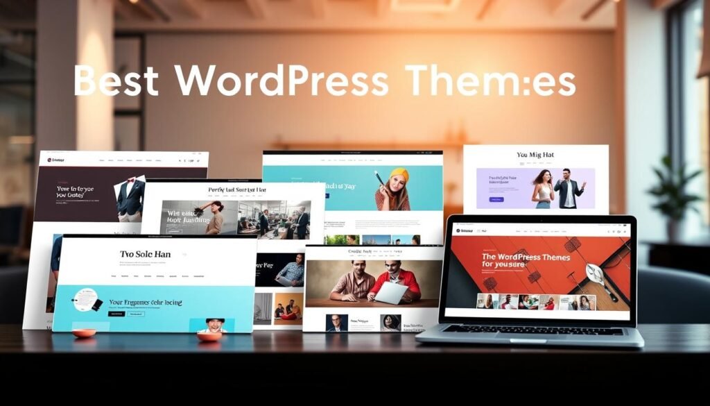 A high-quality, aesthetically pleasing image showcasing the best WordPress themes for businesses. In the foreground, a collection of elegant, responsive WordPress theme designs are displayed, each highlighting a different industry or business type. The themes feature modern typography, vibrant color palettes, and clean, minimalist layouts that convey professionalism and brand identity. In the middle ground, a laptop or tablet device showcases a responsive WordPress website, demonstrating the themes' adaptability across devices. The background depicts a contemporary office setting, with soft, directional lighting illuminating the scene and creating a warm, sophisticated atmosphere. The overall composition emphasizes the customization options and brand-aligned aesthetics that WordPress themes can provide for businesses.