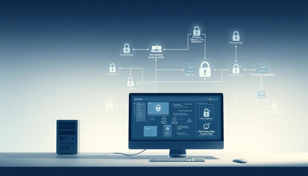 A high-quality, detailed illustration of an "IT Security Overview" for the section "Understanding IT Security and Its Importance". The scene depicts a comprehensive cybersecurity landscape with a modern, minimalist aesthetic. In the foreground, a sleek desktop computer with a minimalist interface showcases various security protocols and safeguards. In the middle ground, a network diagram illustrates the interconnected components of a secure IT infrastructure, including firewalls, intrusion detection systems, and encrypted data flows. The background features a subtle, gradient-based backdrop that evokes a sense of digital sophistication and technological prowess. The lighting is soft and directional, creating depth and highlighting the key elements. The overall composition conveys a balanced and authoritative representation of IT security principles. A high-quality, detailed illustration of an "IT Security Overview" for the section "Understanding IT Security and Its Importance". The scene depicts a comprehensive cybersecurity landscape with a modern, minimalist aesthetic. In the foreground, a sleek desktop computer with a minimalist interface showcases various security protocols and safeguards. In the middle ground, a network diagram illustrates the interconnected components of a secure IT infrastructure, including firewalls, intrusion detection systems, and encrypted data flows. The background features a subtle, gradient-based backdrop that evokes a sense of digital sophistication and technological prowess. The lighting is soft and directional, creating depth and highlighting the key elements. The overall composition conveys a balanced and authoritative representation of IT security principles.