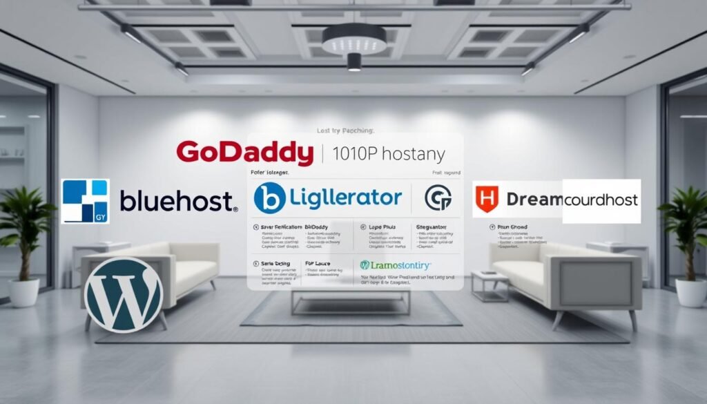 A high-quality photograph of the most popular WordPress hosting companies, captured in a well-lit, professional studio setting. The foreground features prominent logos of the top hosting providers, including Bluehost, GoDaddy, Hostgator, Siteground, and Dreamhost, arranged in an appealing, symmetrical composition. The middle ground showcases their hosting features, such as server specifications, uptime guarantees, and customer support, presented in a clean, infographic-style layout. The background depicts a modern, minimalist office environment with neutral colors and sleek furniture, creating a sophisticated, business-focused ambiance. The entire scene is shot with a wide-angle lens to capture the breadth of the subject matter, and the lighting is soft, directional, and evenly distributed to highlight the details and convey a sense of authority and professionalism.