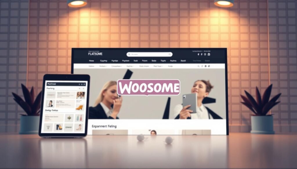 A high-resolution, detailed illustration of the Flatsome WooCommerce theme for WordPress. In the foreground, a sleek, responsive e-commerce website interface showcases a variety of product categories and a clean, modern layout. The middle ground features an elegant logo and typography, reflecting Flatsome's professional and sophisticated branding. In the background, a subtle grid pattern and soft, warm lighting create a visually appealing and polished composition. The overall mood is one of sophistication, functionality, and attention to design detail, perfectly capturing the essence of this purpose-built WooCommerce theme. A high-resolution, detailed illustration of the Flatsome WooCommerce theme for WordPress. In the foreground, a sleek, responsive e-commerce website interface showcases a variety of product categories and a clean, modern layout. The middle ground features an elegant logo and typography, reflecting Flatsome's professional and sophisticated branding. In the background, a subtle grid pattern and soft, warm lighting create a visually appealing and polished composition. The overall mood is one of sophistication, functionality, and attention to design detail, perfectly capturing the essence of this purpose-built WooCommerce theme.