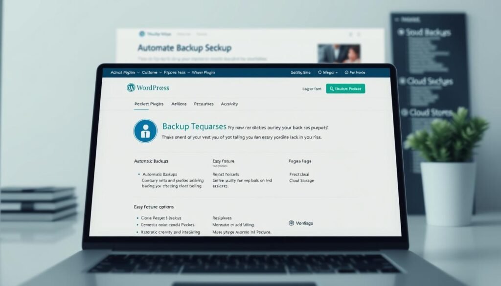 A high-resolution, photorealistic image of a backup plugin for a WordPress website, with a clean and modern user interface. The plugin is displayed in the foreground, showcasing its key features and functionality, such as automatic backups, easy restore options, and cloud storage integration. The middle ground features a clean, white workspace with minimal distractions, highlighting the plugin's intuitive design. The background includes subtle details of a WordPress website, suggesting the plugin's seamless integration within the platform. The lighting is soft and diffused, creating a professional and trustworthy atmosphere, while the camera angle provides a balanced, frontal view of the plugin's interface.