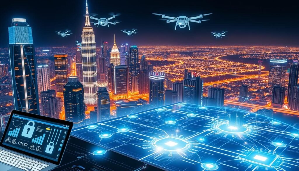 A high-tech cityscape at night, illuminated by neon-lit skyscrapers and hovering drones. In the foreground, a sleek, futuristic computer terminal with holographic displays, surrounded by the tools of cybersecurity professionals - encryption algorithms, intrusion detection systems, and virtual firewalls. The middle ground features a network of interconnected devices, with data streams flowing between them, protected by a shimmering force field. In the background, a vast, interconnected web of servers and satellites, monitored by a team of cybersecurity experts in a state-of-the-art command center. The scene conveys a sense of heightened security, advanced technology, and the importance of safeguarding remote and hybrid workplaces. A high-tech cityscape at night, illuminated by neon-lit skyscrapers and hovering drones. In the foreground, a sleek, futuristic computer terminal with holographic displays, surrounded by the tools of cybersecurity professionals - encryption algorithms, intrusion detection systems, and virtual firewalls. The middle ground features a network of interconnected devices, with data streams flowing between them, protected by a shimmering force field. In the background, a vast, interconnected web of servers and satellites, monitored by a team of cybersecurity experts in a state-of-the-art command center. The scene conveys a sense of heightened security, advanced technology, and the importance of safeguarding remote and hybrid workplaces.
