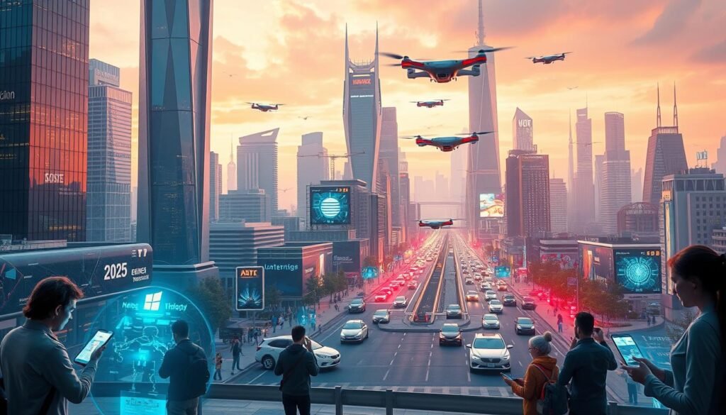 A high-tech cityscape in the year 2025, with towering skyscrapers and sleek, futuristic architecture. In the foreground, a group of people using a variety of cutting-edge mobile devices, interacting with holographic displays and exchanging data seamlessly. In the middle ground, autonomous vehicles navigate the streets, while drones and flying cars zip through the air. The background is filled with a vibrant, neon-lit skyline, hinting at the integration of advanced technologies like 5G, AI, and the Internet of Things. The scene is bathed in a warm, futuristic glow, conveying a sense of innovation, progress, and the transformative potential of emerging app technologies. A high-tech cityscape in the year 2025, with towering skyscrapers and sleek, futuristic architecture. In the foreground, a group of people using a variety of cutting-edge mobile devices, interacting with holographic displays and exchanging data seamlessly. In the middle ground, autonomous vehicles navigate the streets, while drones and flying cars zip through the air. The background is filled with a vibrant, neon-lit skyline, hinting at the integration of advanced technologies like 5G, AI, and the Internet of Things. The scene is bathed in a warm, futuristic glow, conveying a sense of innovation, progress, and the transformative potential of emerging app technologies.