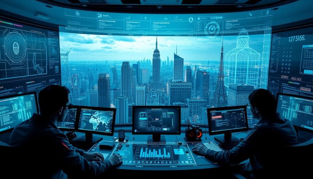 A high-tech cybersecurity command center, with holographic displays and advanced monitoring systems. In the foreground, a team of analysts intently studying real-time data feeds, their faces illuminated by the soft glow of screens. The middle ground features biometric security scanners, iris recognition devices, and next-generation firewalls, all working in harmony to secure the digital perimeter. The background showcases a sprawling cityscape, with skyscrapers and communications towers, underscoring the scale and importance of the enhanced security measures. The scene is bathed in a cool, futuristic color palette, conveying a sense of cutting-edge technology and unwavering vigilance. A high-tech cybersecurity command center, with holographic displays and advanced monitoring systems. In the foreground, a team of analysts intently studying real-time data feeds, their faces illuminated by the soft glow of screens. The middle ground features biometric security scanners, iris recognition devices, and next-generation firewalls, all working in harmony to secure the digital perimeter. The background showcases a sprawling cityscape, with skyscrapers and communications towers, underscoring the scale and importance of the enhanced security measures. The scene is bathed in a cool, futuristic color palette, conveying a sense of cutting-edge technology and unwavering vigilance.