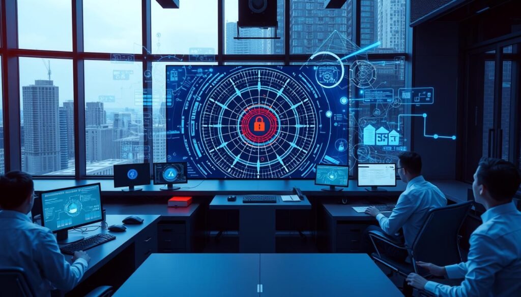 A high-tech cybersecurity control room, with a central display showing a radar-like interface monitoring for ransomware threats. Sleek workstations surround the display, manned by focused operators in crisp uniforms. Holographic projections emanate from the control panels, visualizing complex data flows and network topologies. Soft blue lighting creates an atmosphere of vigilance and preparedness, while large windows in the background reveal a dynamic cityscape, hinting at the broader context of the business operations under protection. The overall scene conveys a sense of technological sophistication and proactive defense against the evolving ransomware landscape. A high-tech cybersecurity control room, with a central display showing a radar-like interface monitoring for ransomware threats. Sleek workstations surround the display, manned by focused operators in crisp uniforms. Holographic projections emanate from the control panels, visualizing complex data flows and network topologies. Soft blue lighting creates an atmosphere of vigilance and preparedness, while large windows in the background reveal a dynamic cityscape, hinting at the broader context of the business operations under protection. The overall scene conveys a sense of technological sophistication and proactive defense against the evolving ransomware landscape.