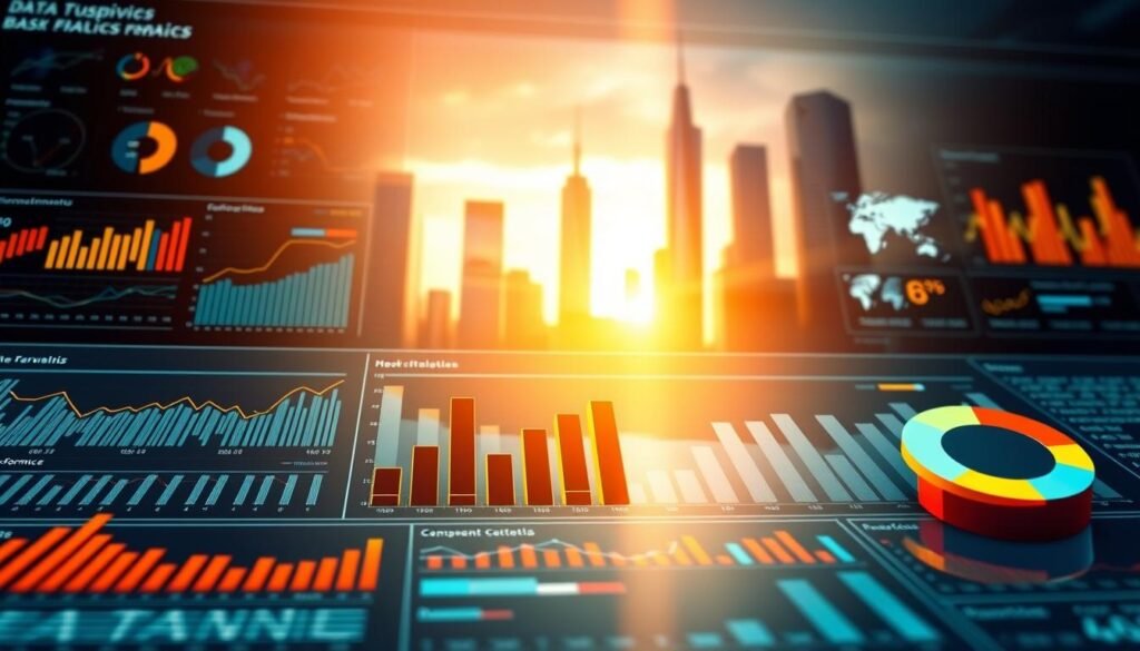 A highly detailed, data-driven business analytics dashboard illuminated by warm, natural light. In the foreground, various infographics and visualizations depict key performance metrics, financial data, and market trends. The middle ground showcases a 3D bar chart, a line graph, and a pie chart, all rendered with a modern, minimalist aesthetic. In the background, a serene cityscape of gleaming skyscrapers reflects the data-driven insights powering digital transformation. The overall scene conveys a sense of clarity, insight, and strategic decision-making. A highly detailed, data-driven business analytics dashboard illuminated by warm, natural light. In the foreground, various infographics and visualizations depict key performance metrics, financial data, and market trends. The middle ground showcases a 3D bar chart, a line graph, and a pie chart, all rendered with a modern, minimalist aesthetic. In the background, a serene cityscape of gleaming skyscrapers reflects the data-driven insights powering digital transformation. The overall scene conveys a sense of clarity, insight, and strategic decision-making.