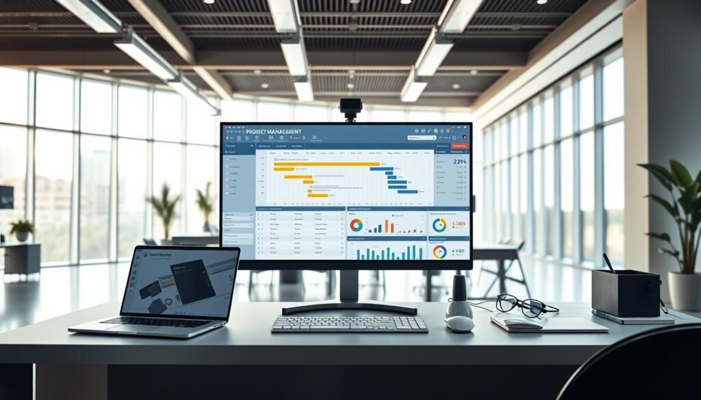 A highly detailed, high-resolution image of an IT project management tools display, showcased in a modern, well-lit office setting. The foreground features a sleek, minimalist desk with a laptop, mouse, and various digital tools and software interfaces, all rendered with a crisp, photorealistic style. The middle ground showcases a large, high-definition monitor displaying a comprehensive project management dashboard, with Gantt charts, task lists, and progress indicators. The background depicts a sophisticated, open-concept workspace with floor-to-ceiling windows, allowing natural light to flood the scene and creating a calm, professional atmosphere. A highly detailed, high-resolution image of an IT project management tools display, showcased in a modern, well-lit office setting. The foreground features a sleek, minimalist desk with a laptop, mouse, and various digital tools and software interfaces, all rendered with a crisp, photorealistic style. The middle ground showcases a large, high-definition monitor displaying a comprehensive project management dashboard, with Gantt charts, task lists, and progress indicators. The background depicts a sophisticated, open-concept workspace with floor-to-ceiling windows, allowing natural light to flood the scene and creating a calm, professional atmosphere.