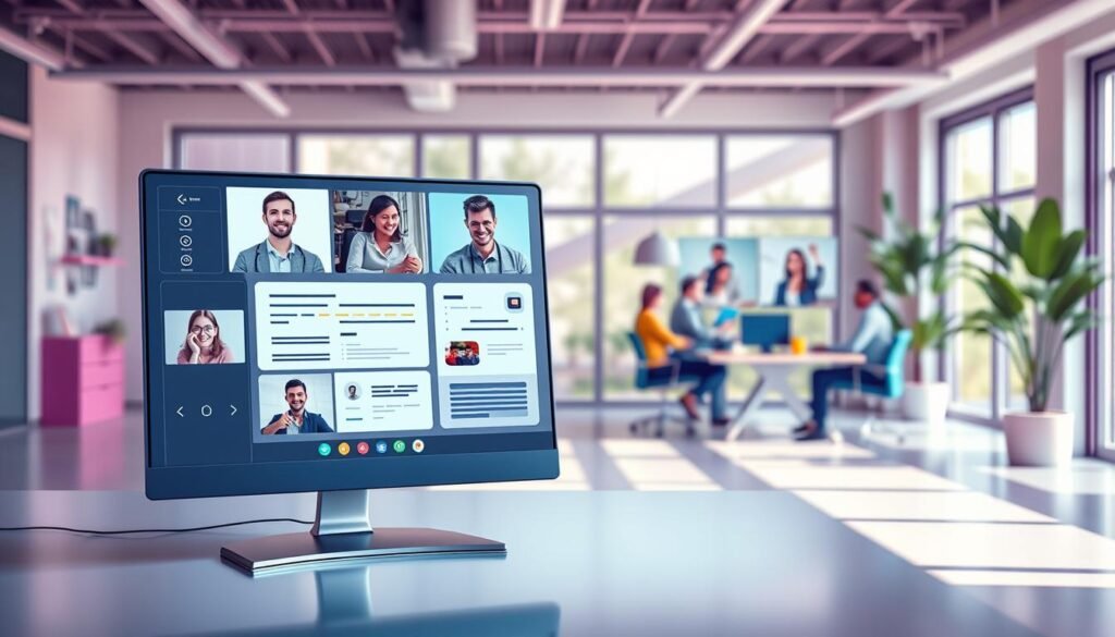 A highly detailed, vibrant rendering of modern remote work software solutions. A sleek, minimalist user interface dominates the foreground, showcasing a suite of collaborative tools - videoconferencing, document sharing, project management. In the middle ground, remote teams converse and brainstorm, their faces visible in video windows. The background depicts a stylized office environment, with ergonomic furniture and natural lighting flooding the scene, creating a productive, tranquil atmosphere. The image conveys the seamless integration of remote work technologies, empowering efficient, connected workflows across distributed teams. A highly detailed, vibrant rendering of modern remote work software solutions. A sleek, minimalist user interface dominates the foreground, showcasing a suite of collaborative tools - videoconferencing, document sharing, project management. In the middle ground, remote teams converse and brainstorm, their faces visible in video windows. The background depicts a stylized office environment, with ergonomic furniture and natural lighting flooding the scene, creating a productive, tranquil atmosphere. The image conveys the seamless integration of remote work technologies, empowering efficient, connected workflows across distributed teams.