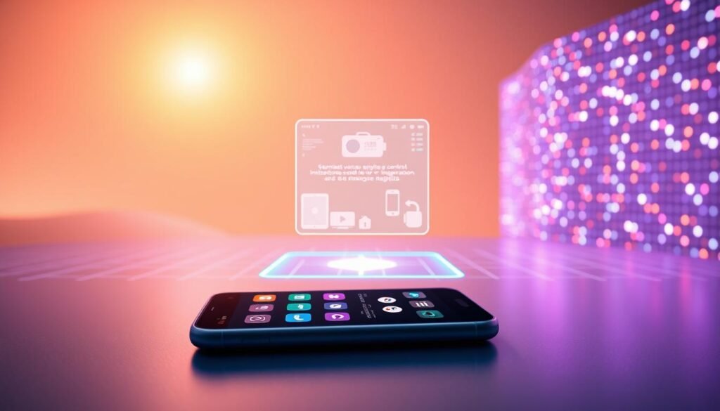 A minimalist and modern digital landscape showcasing the essential mobile app features of 2025. In the foreground, a sleek smartphone displays vibrant icons representing seamless voice control, hyper-personalization, and intuitive AR/VR integration. The middle ground features a floating holographic interface, enabling frictionless cross-device syncing and advanced multitasking. In the background, a pulsing data matrix symbolizes the integration of 5G, edge computing, and predictive analytics, powering intelligent automation and contextual recommendations. The scene is bathed in a warm, futuristic glow, conveying a sense of effortless innovation and user-centric design. A minimalist and modern digital landscape showcasing the essential mobile app features of 2025. In the foreground, a sleek smartphone displays vibrant icons representing seamless voice control, hyper-personalization, and intuitive AR/VR integration. The middle ground features a floating holographic interface, enabling frictionless cross-device syncing and advanced multitasking. In the background, a pulsing data matrix symbolizes the integration of 5G, edge computing, and predictive analytics, powering intelligent automation and contextual recommendations. The scene is bathed in a warm, futuristic glow, conveying a sense of effortless innovation and user-centric design.