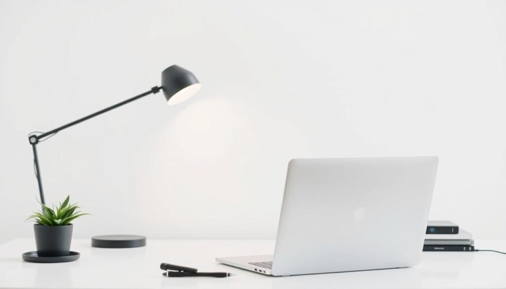 A minimalist workspace with a clean, uncluttered desk. The foreground features a sleek, minimal laptop, a black pen, and a single potted plant. The middle ground showcases a modern, angular desk lamp, casting a warm, focused glow. The background is a plain white wall, creating a sense of simplicity and serenity. Soft, diffused natural lighting floods the scene, emphasizing the clean, streamlined aesthetic. The overall atmosphere is one of calm, efficiency, and a focused, distraction-free environment.