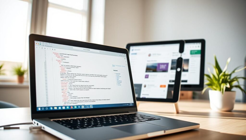 A modern WordPress development workspace with a sleek, minimalist aesthetic. In the foreground, a laptop displays a clean, well-structured code editor, highlighting HTML, CSS, and PHP elements. In the middle ground, a tablet showcases a WordPress admin dashboard, featuring SEO-focused plugins and tools. The background is filled with natural light, casting a warm glow across the scene, complemented by a subtle plant or two for a touch of organic vibrancy. The overall atmosphere conveys a sense of productivity, efficiency, and a commitment to optimizing WordPress for search engine visibility.