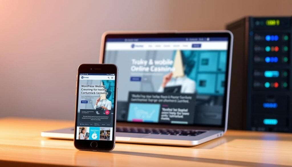 A modern and responsive WordPress website showcasing its mobile-friendly design. In the foreground, a smartphone displays a crisp and visually appealing website, with clean typography, vibrant colors, and intuitive navigation. The middle ground features a laptop displaying the same website, highlighting its seamless cross-device compatibility. In the background, a stylized silhouette of a server rack, symbolizing the robust infrastructure and lightning-fast performance that powers the WordPress platform. The scene is bathed in a warm, soft lighting, creating a welcoming and professional atmosphere, perfectly suited for a business website.