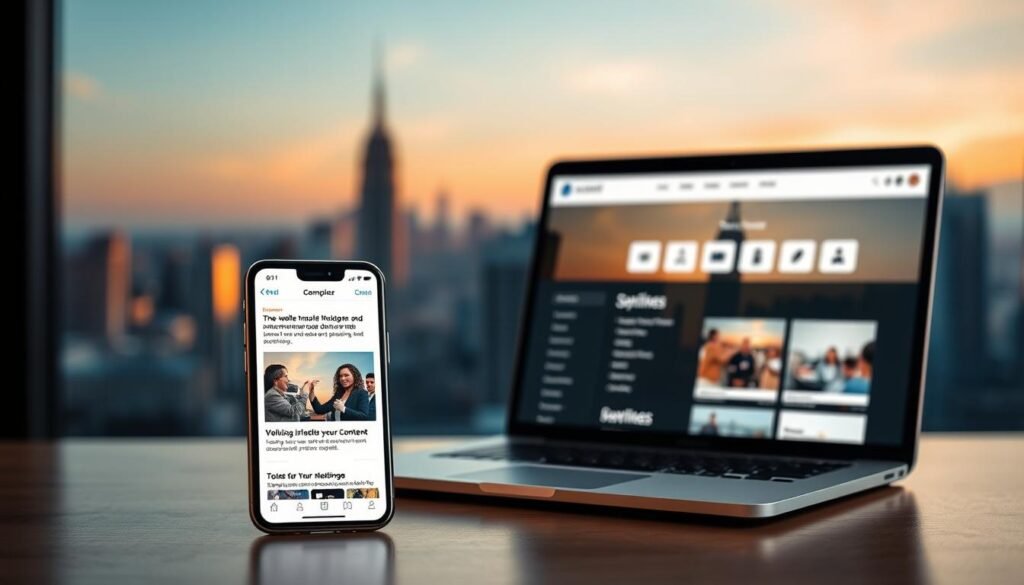 A modern and responsive WordPress website with intuitive mobile navigation, optimized images and video content, and a clean, minimalist design. The foreground features a smartphone displaying a well-structured, mobile-friendly WordPress page with a clear call-to-action. In the middle ground, a laptop showcases the website's backend, highlighting tools for improving site speed and SEO. The background depicts a serene, blurred cityscape with a warm, golden-hour lighting, conveying a sense of productivity and accomplishment. The overall atmosphere is professional, elegant, and focused on enhancing the user experience across all devices.