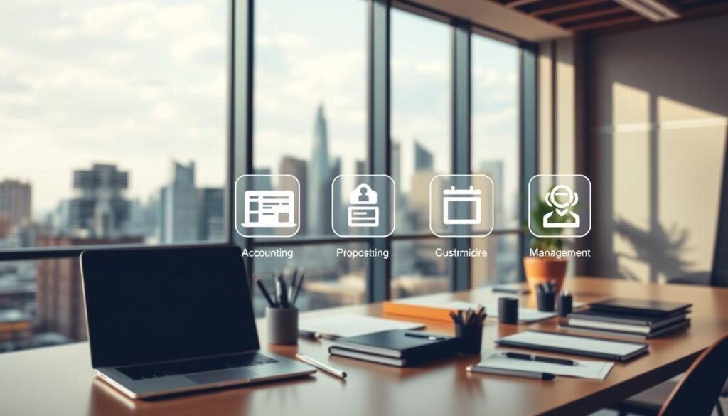 A modern and sleek office interior, with a large window overlooking a bustling city skyline. In the foreground, a neatly organized workspace features a laptop, a tablet, and various office supplies. The middle ground showcases several off-the-shelf software application icons, each representing different business functionalities like accounting, project management, and customer relationship management. The background is softly illuminated, creating a warm and productive atmosphere. The overall scene conveys the efficiency, accessibility, and versatility of off-the-shelf software solutions for businesses. A modern and sleek office interior, with a large window overlooking a bustling city skyline. In the foreground, a neatly organized workspace features a laptop, a tablet, and various office supplies. The middle ground showcases several off-the-shelf software application icons, each representing different business functionalities like accounting, project management, and customer relationship management. The background is softly illuminated, creating a warm and productive atmosphere. The overall scene conveys the efficiency, accessibility, and versatility of off-the-shelf software solutions for businesses.