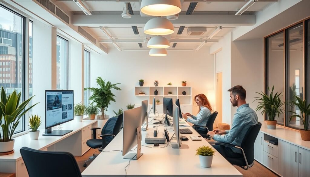 A modern, clean web application development workspace. Bright, airy office with large windows, minimalist furniture, and cutting-edge tech devices. Developers collaborating on a sleek, responsive web interface design displayed on high-resolution screens. Warm, diffused lighting from overhead fixtures casts a productive glow. Subtle, pastel color accents complement the crisp, white aesthetic. Potted plants and natural wood elements lend a touch of organic warmth. Focused developers immersed in their work, using a variety of input devices and software tools to bring the web application to life. A modern, clean web application development workspace. Bright, airy office with large windows, minimalist furniture, and cutting-edge tech devices. Developers collaborating on a sleek, responsive web interface design displayed on high-resolution screens. Warm, diffused lighting from overhead fixtures casts a productive glow. Subtle, pastel color accents complement the crisp, white aesthetic. Potted plants and natural wood elements lend a touch of organic warmth. Focused developers immersed in their work, using a variety of input devices and software tools to bring the web application to life.