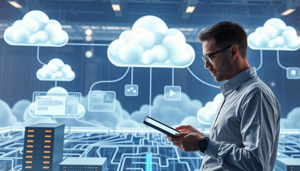 A modern cloud computing environment with a futuristic interface, showcasing the customization options available for cloud-based application development. Sleek, minimalist user interfaces with intuitive controls float above a dynamic backdrop of interconnected servers, databases, and web services. Subtle lighting accents the architectural elegance of the cloud infrastructure, while a serene color palette conveys a sense of balance and efficiency. In the foreground, a developer deftly manipulates virtual tools, crafting a bespoke cloud-native application tailored to the client's unique requirements. A modern cloud computing environment with a futuristic interface, showcasing the customization options available for cloud-based application development. Sleek, minimalist user interfaces with intuitive controls float above a dynamic backdrop of interconnected servers, databases, and web services. Subtle lighting accents the architectural elegance of the cloud infrastructure, while a serene color palette conveys a sense of balance and efficiency. In the foreground, a developer deftly manipulates virtual tools, crafting a bespoke cloud-native application tailored to the client's unique requirements.