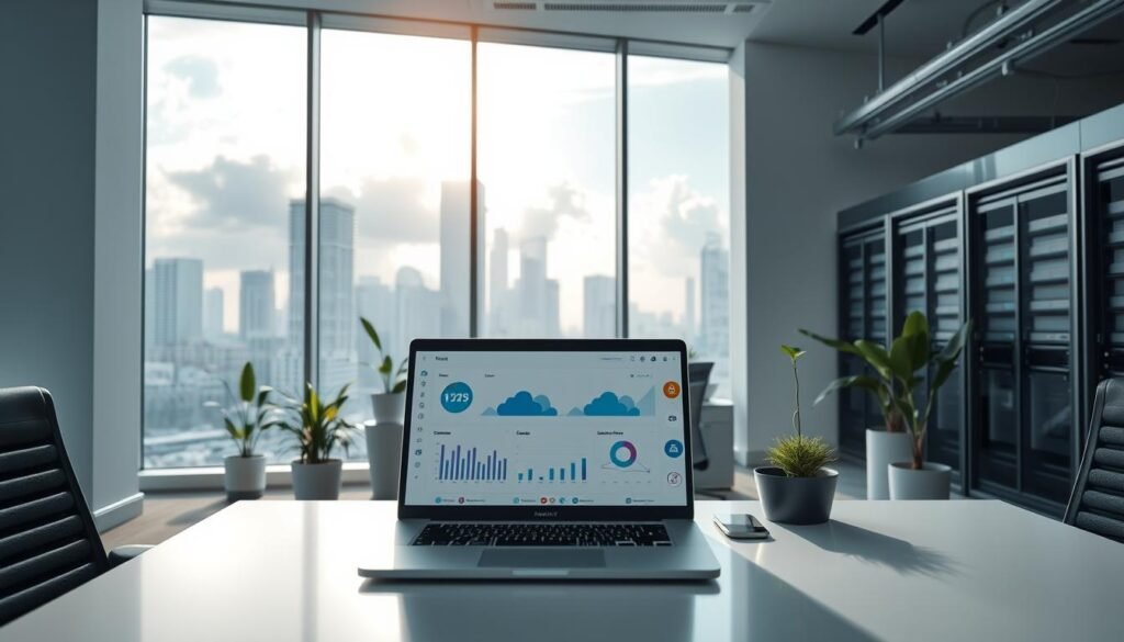 A modern corporate office with sleek, minimalist interior design. In the foreground, a large window overlooking a bustling city skyline, the sun's rays filtering through wispy, cloud-like formations. On the desk, a laptop displaying a cloud computing dashboard, data visualizations, and various cloud service logos. The middle ground features ergonomic office furniture and potted plants, creating a tranquil, productivity-enhancing atmosphere. The background showcases server racks, network cables, and a minimalist, technologically-advanced aesthetic, conveying the seamless integration of cloud infrastructure. Soft, diffused lighting and a cool color palette evoke a sense of professionalism and efficiency, highlighting the benefits of cloud-based IT development services for modern businesses. A modern corporate office with sleek, minimalist interior design. In the foreground, a large window overlooking a bustling city skyline, the sun's rays filtering through wispy, cloud-like formations. On the desk, a laptop displaying a cloud computing dashboard, data visualizations, and various cloud service logos. The middle ground features ergonomic office furniture and potted plants, creating a tranquil, productivity-enhancing atmosphere. The background showcases server racks, network cables, and a minimalist, technologically-advanced aesthetic, conveying the seamless integration of cloud infrastructure. Soft, diffused lighting and a cool color palette evoke a sense of professionalism and efficiency, highlighting the benefits of cloud-based IT development services for modern businesses.