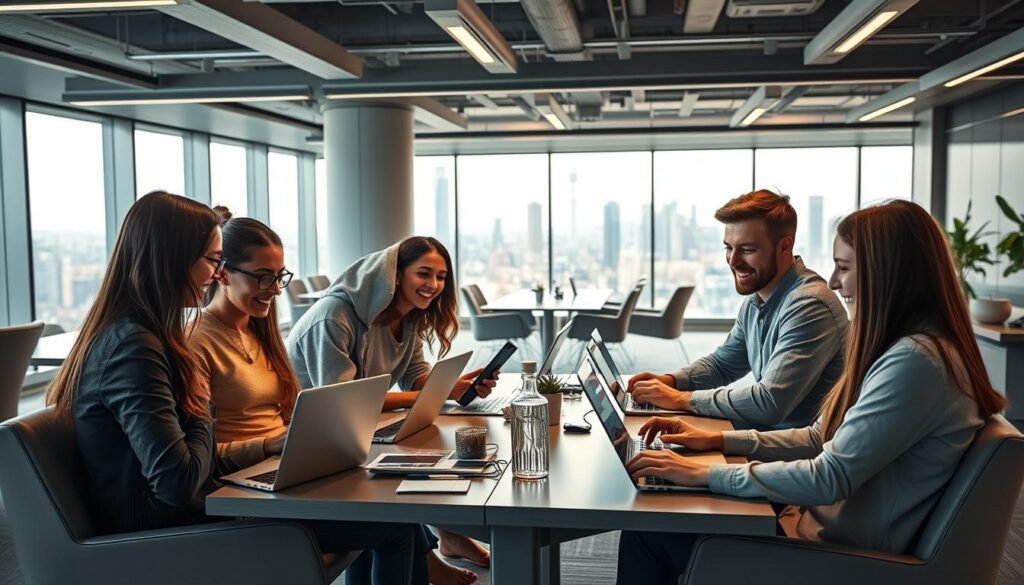 A modern, dynamic startup workspace with state-of-the-art technology services. In the foreground, a team of young professionals collaborating on sleek laptops and tablets, their faces animated with enthusiasm. The middle ground features a minimalist, open-concept office layout with ergonomic furniture and strategic lighting. In the background, a panoramic view of a vibrant cityscape, hinting at the startup's global reach and ambition. The overall mood is one of innovation, productivity, and a forward-thinking spirit, reflecting the energy and agility required to scale a successful technology startup. A modern, dynamic startup workspace with state-of-the-art technology services. In the foreground, a team of young professionals collaborating on sleek laptops and tablets, their faces animated with enthusiasm. The middle ground features a minimalist, open-concept office layout with ergonomic furniture and strategic lighting. In the background, a panoramic view of a vibrant cityscape, hinting at the startup's global reach and ambition. The overall mood is one of innovation, productivity, and a forward-thinking spirit, reflecting the energy and agility required to scale a successful technology startup.