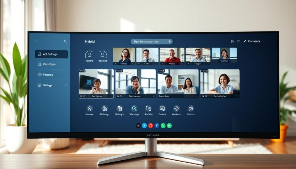 A modern hybrid workplace software interface displayed on a sleek, high-resolution widescreen monitor. The foreground features a clean, minimalist dashboard with intuitive icons and smooth animations, showcasing real-time collaboration tools, video conferencing, and task management features. The middle ground depicts remote employees engaged in virtual meetings, their faces displayed in dynamic windows. The background subtly alludes to a harmonious blend of home and office environments, with natural lighting, houseplants, and streamlined furniture. The overall scene conveys a sense of seamless connectivity, productivity, and work-life balance in a hybrid work setup. A modern hybrid workplace software interface displayed on a sleek, high-resolution widescreen monitor. The foreground features a clean, minimalist dashboard with intuitive icons and smooth animations, showcasing real-time collaboration tools, video conferencing, and task management features. The middle ground depicts remote employees engaged in virtual meetings, their faces displayed in dynamic windows. The background subtly alludes to a harmonious blend of home and office environments, with natural lighting, houseplants, and streamlined furniture. The overall scene conveys a sense of seamless connectivity, productivity, and work-life balance in a hybrid work setup.